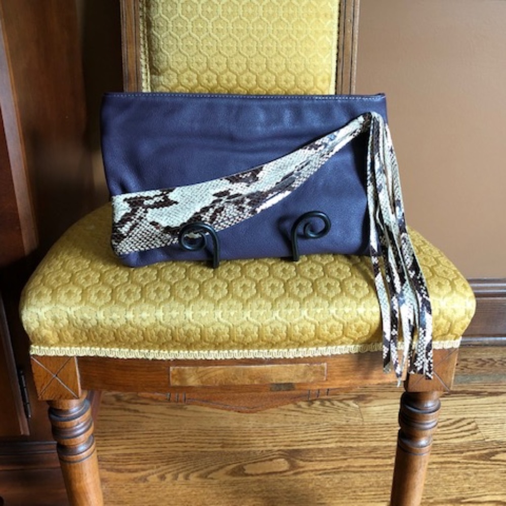 Annie Leather Clutch in Purple with Snakeskin Embossed Leather Tassels